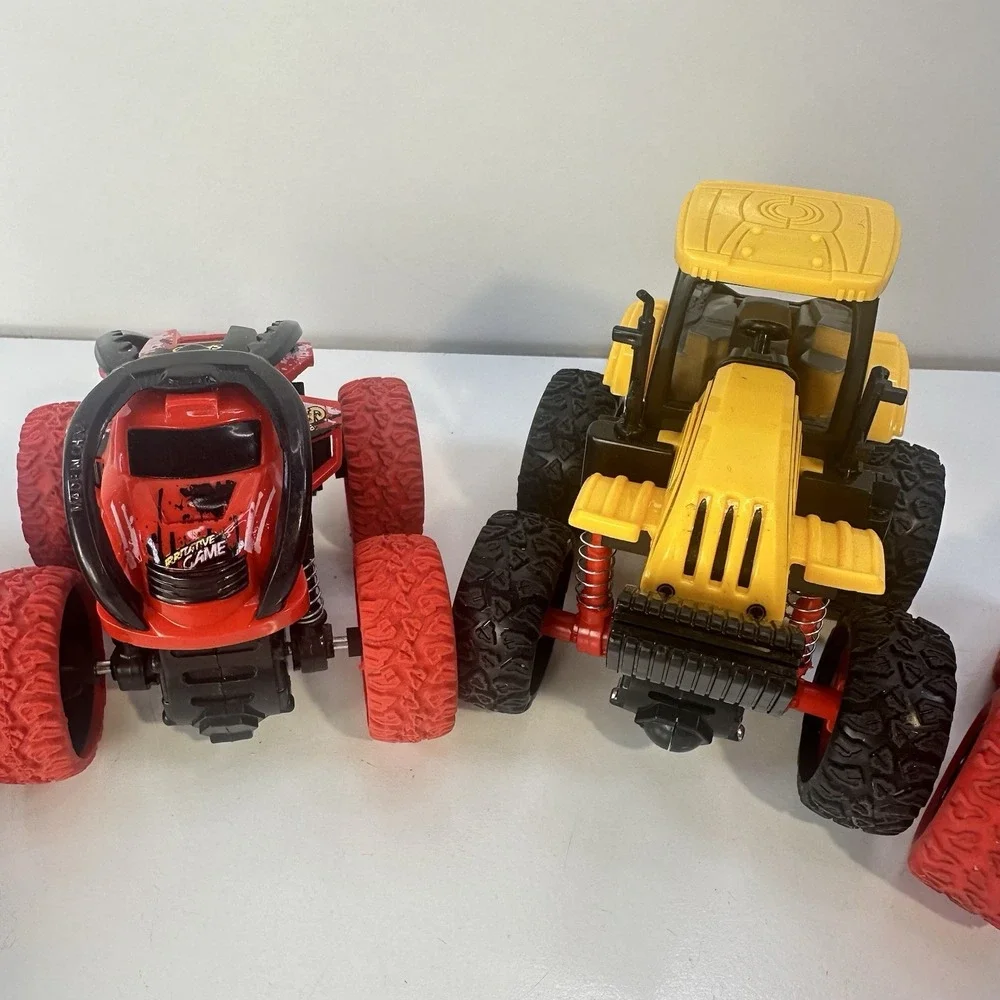 Lot of 4 Friction Propel Cars Push 'n Go Jeep Monster Truck Yellow Tractor Racer